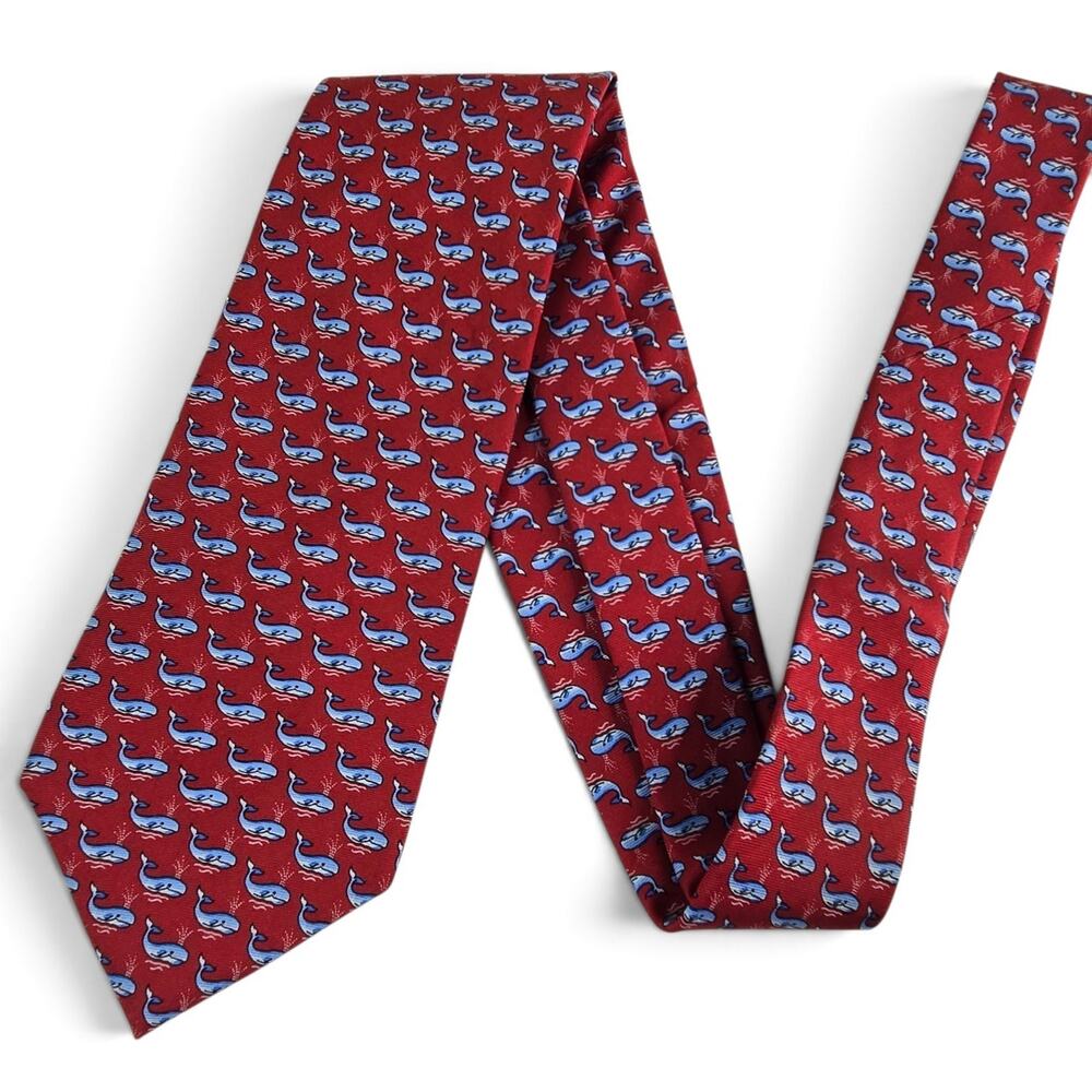 Brooks Brothers Makers Tie Red Blue Whales 100% Italian Silk Necktie Made in USA